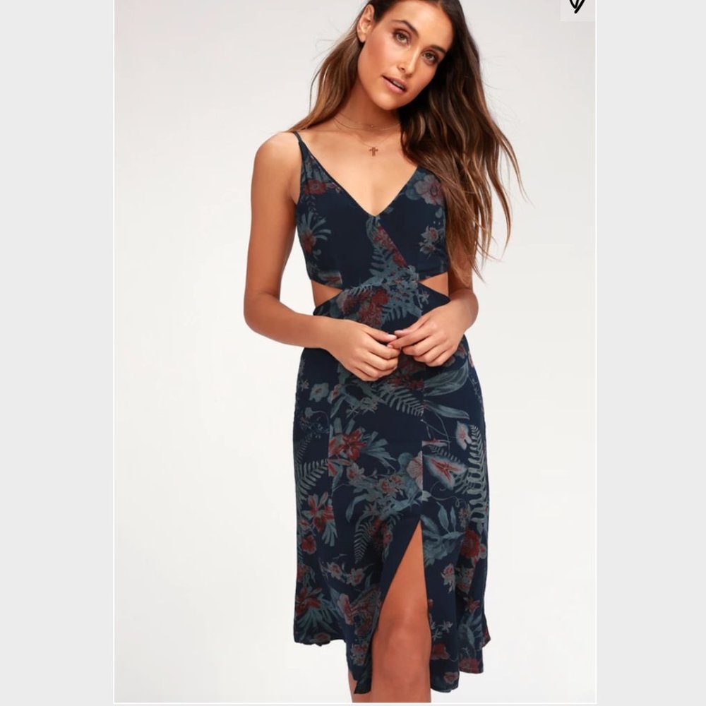 Peek-A-Bloom Navy Blue Floral Print Midi Dress